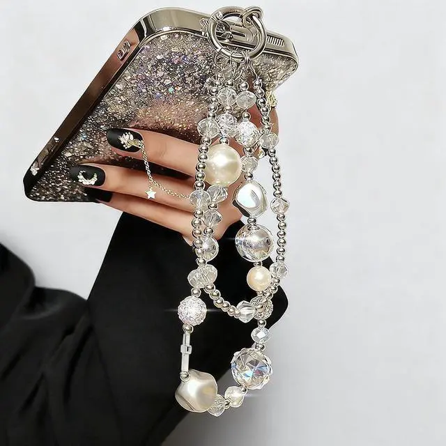 Alt view image 3 of 7 - Luxury Pearl Phone Wrist Strap Crystal Diamond Beaded Keychain Wristlet for Phone Chain Wristlet Glitter Rhinestone Cellphone Lanyard Dual Chains Phone Strap Wrist Keychain Bag Charms for Handbags