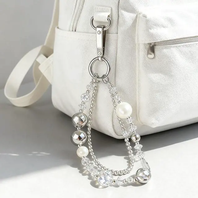 Alt view image 4 of 7 - Luxury Pearl Phone Wrist Strap Crystal Diamond Beaded Keychain Wristlet for Phone Chain Wristlet Glitter Rhinestone Cellphone Lanyard Dual Chains Phone Strap Wrist Keychain Bag Charms for Handbags