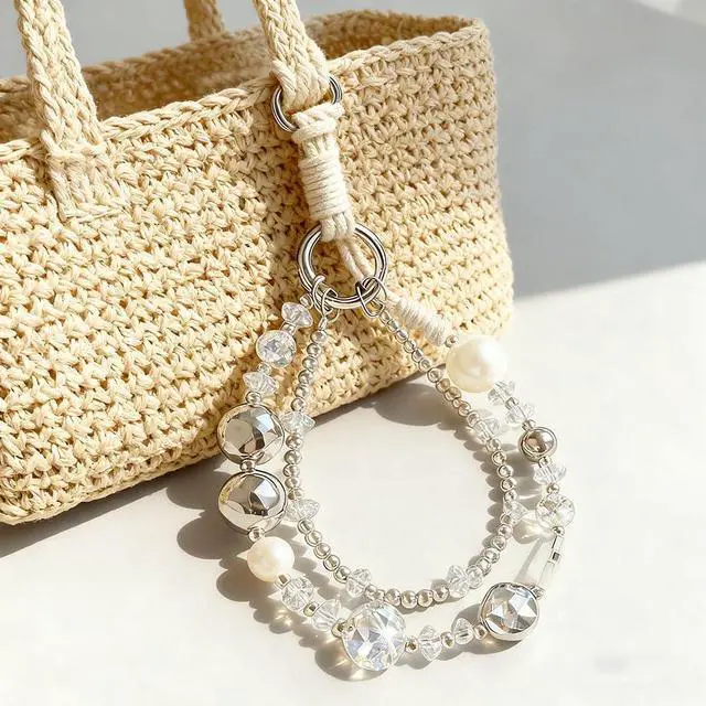 Alt view image 7 of 7 - Luxury Pearl Phone Wrist Strap Crystal Diamond Beaded Keychain Wristlet for Phone Chain Wristlet Glitter Rhinestone Cellphone Lanyard Dual Chains Phone Strap Wrist Keychain Bag Charms for Handbags