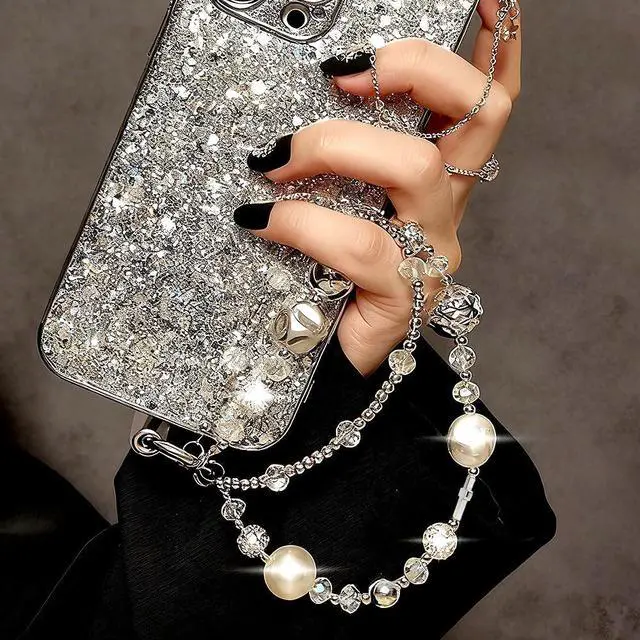 Alt view image 5 of 7 - Luxury Pearl Phone Wrist Strap Crystal Diamond Beaded Keychain Wristlet for Phone Chain Wristlet Glitter Rhinestone Cellphone Lanyard Dual Chains Phone Strap Wrist Keychain Bag Charms for Handbags