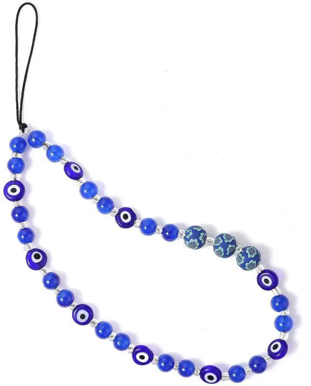 Main image of Beaded Lanyard, Evil Eye Wrist Strap Gemstone Mobile Chain Keychain for Men Women Cell Phone String (Blue)