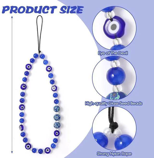 Alt view image 2 of 7 - Beaded Lanyard, Evil Eye Wrist Strap Gemstone Mobile Chain Keychain for Men Women Cell Phone String (Blue)