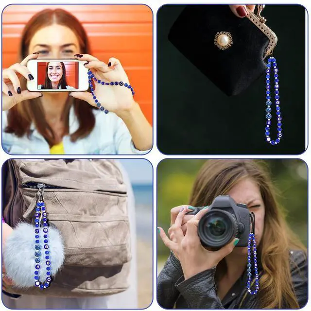 Alt view image 7 of 7 - Beaded Lanyard, Evil Eye Wrist Strap Gemstone Mobile Chain Keychain for Men Women Cell Phone String (Blue)