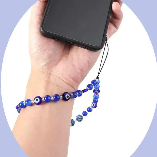 Alt view image 3 of 7 - Beaded Lanyard, Evil Eye Wrist Strap Gemstone Mobile Chain Keychain for Men Women Cell Phone String (Blue)