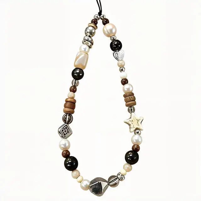 Main image of Vintage Brown Beaded Phone Charm Wrist Strap Star Heart Pearl Phone Chain Wristlet Short Camera Charm Strap Cute Beaded Wristlet Keychain Cellphone Charms Aesthetic Cellphone Wrist Lanyard for Women