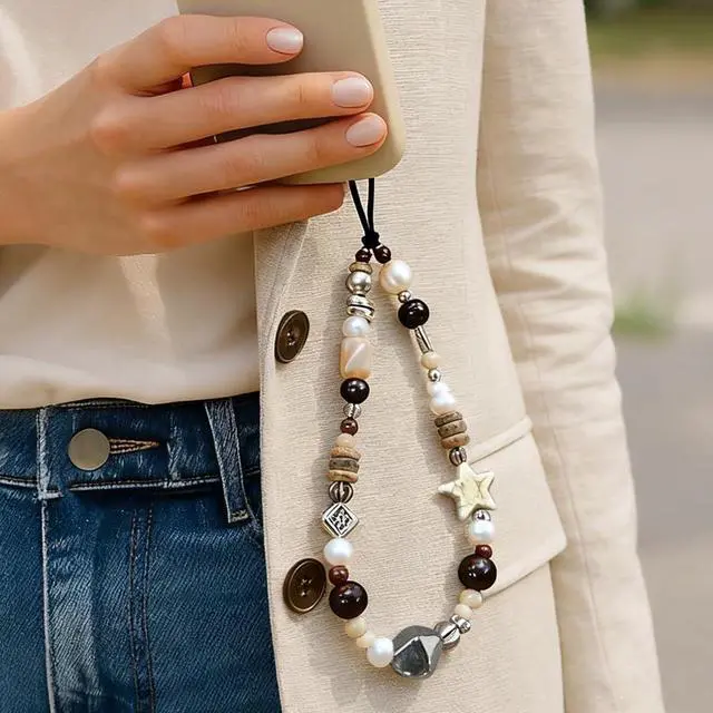 Alt view image 4 of 7 - Vintage Brown Beaded Phone Charm Wrist Strap Star Heart Pearl Phone Chain Wristlet Short Camera Charm Strap Cute Beaded Wristlet Keychain Cellphone Charms Aesthetic Cellphone Wrist Lanyard for Women