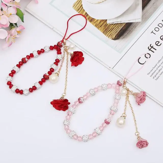 Alt view image 5 of 7 - Crystal Flower Pendant Keychains Beaded Phone Strap Lanyard Anti-Lost and Non-Slip Mobile Phone Strap for Handbag Decoration Accessories Purple
