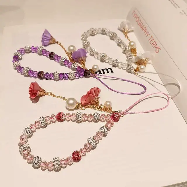 Alt view image 6 of 7 - Crystal Flower Pendant Keychains Beaded Phone Strap Lanyard Anti-Lost and Non-Slip Mobile Phone Strap for Handbag Decoration Accessories Purple