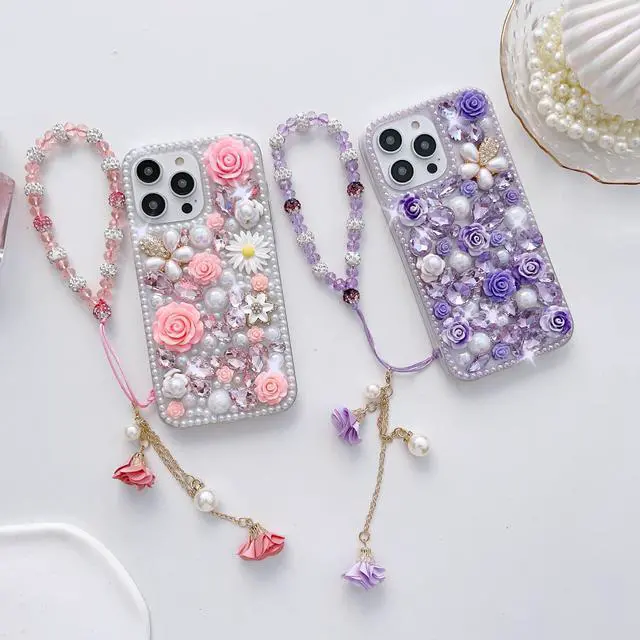 Alt view image 7 of 7 - Crystal Flower Pendant Keychains Beaded Phone Strap Lanyard Anti-Lost and Non-Slip Mobile Phone Strap for Handbag Decoration Accessories Purple