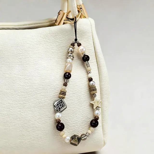 Alt view image 2 of 7 - Vintage Brown Beaded Phone Charm Wrist Strap Star Heart Pearl Phone Chain Wristlet Short Camera Charm Strap Cute Beaded Wristlet Keychain Cellphone Charms Aesthetic Cellphone Wrist Lanyard for Women