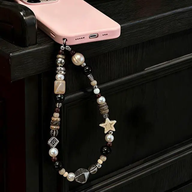 Alt view image 3 of 7 - Vintage Brown Beaded Phone Charm Wrist Strap Star Heart Pearl Phone Chain Wristlet Short Camera Charm Strap Cute Beaded Wristlet Keychain Cellphone Charms Aesthetic Cellphone Wrist Lanyard for Women