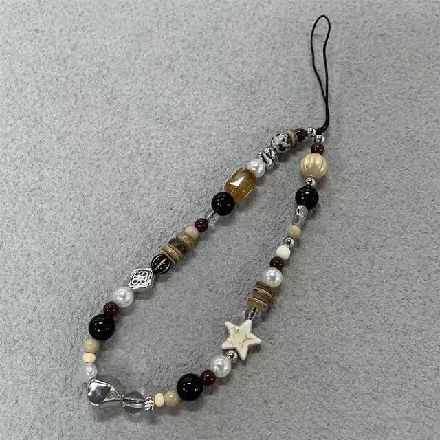 Alt view image 5 of 7 - Vintage Brown Beaded Phone Charm Wrist Strap Star Heart Pearl Phone Chain Wristlet Short Camera Charm Strap Cute Beaded Wristlet Keychain Cellphone Charms Aesthetic Cellphone Wrist Lanyard for Women