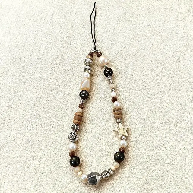 Alt view image 6 of 7 - Vintage Brown Beaded Phone Charm Wrist Strap Star Heart Pearl Phone Chain Wristlet Short Camera Charm Strap Cute Beaded Wristlet Keychain Cellphone Charms Aesthetic Cellphone Wrist Lanyard for Women