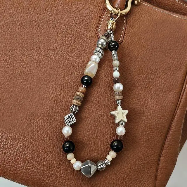 Alt view image 7 of 7 - Vintage Brown Beaded Phone Charm Wrist Strap Star Heart Pearl Phone Chain Wristlet Short Camera Charm Strap Cute Beaded Wristlet Keychain Cellphone Charms Aesthetic Cellphone Wrist Lanyard for Women