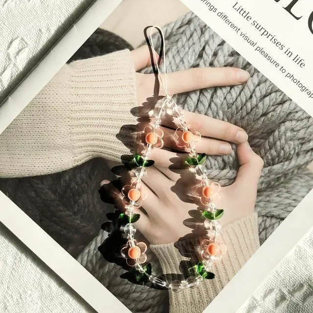 Alt view image 2 of 7 - Phone Charm Cute Phone Wrist Strap Beaded Camera Charms Strap Bracelet Wristlet Keychain Bag Accessories for Women(Pink,Orange Flower)