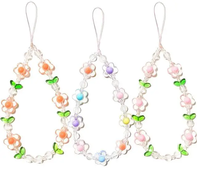 Main image of Phone Charm Cute Phone Wrist Strap Beaded Camera Charms Strap Bracelet Wristlet Keychain Bag Accessories for Women(Pink,Orange Flower)