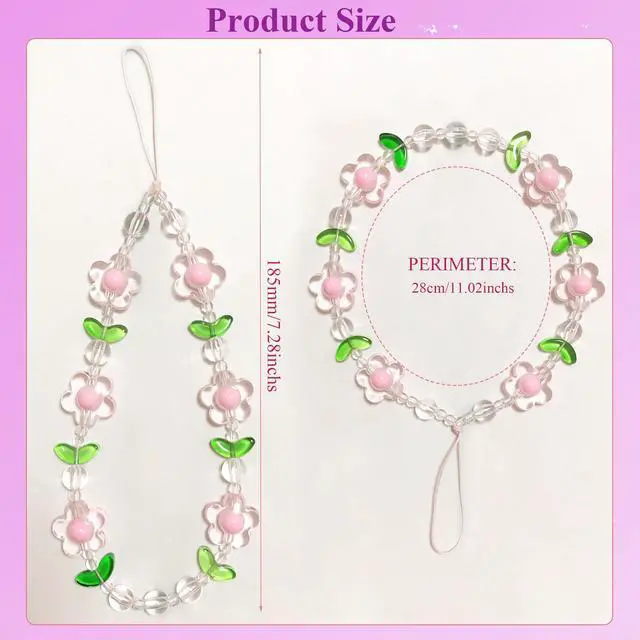 Alt view image 4 of 7 - Phone Charm Cute Phone Wrist Strap Beaded Camera Charms Strap Bracelet Wristlet Keychain Bag Accessories for Women(Pink,Orange Flower)