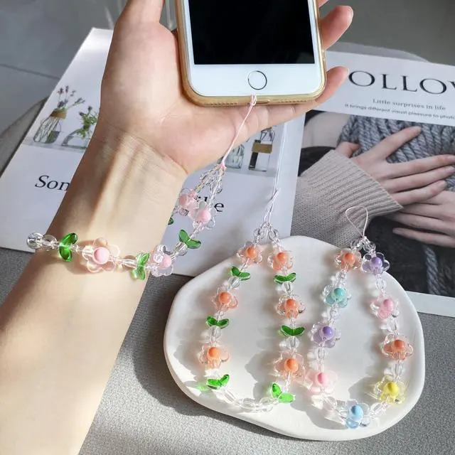 Alt view image 3 of 7 - Phone Charm Cute Phone Wrist Strap Beaded Camera Charms Strap Bracelet Wristlet Keychain Bag Accessories for Women(Pink,Orange Flower)