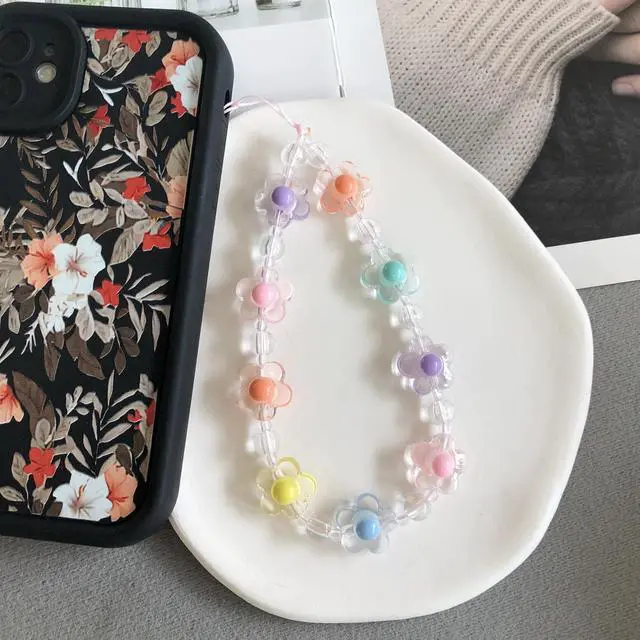 Alt view image 6 of 7 - Phone Charm Cute Phone Wrist Strap Beaded Camera Charms Strap Bracelet Wristlet Keychain Bag Accessories for Women(Pink,Orange Flower)