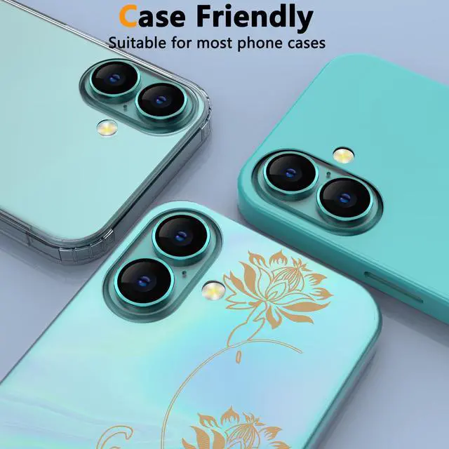 Alt view image 6 of 6 - for iPhone 16 Plus/iPhone 16 Camera Lens Protector, Individual Anti Scratch Metal Ring Tempered Glass Camera Screen Protector for iPhone 16 Accessories, Case Friendly (Teal)