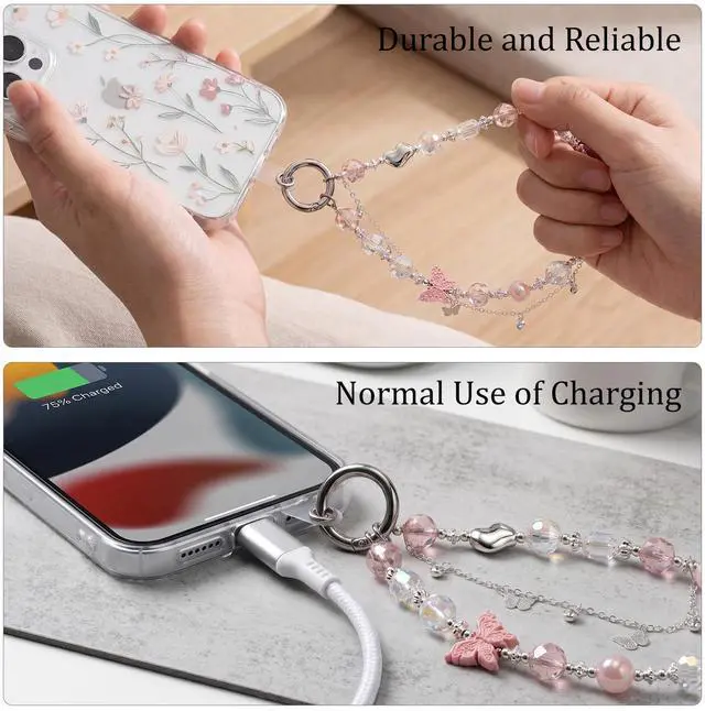 Alt view image 3 of 7 - Butterfly Phone Charm, Phone Charm Wrist Strap, Handmade Cellphone Chain Lanyard with Tab, Butterfly Keychain Wristlet Camera Pendants Decor