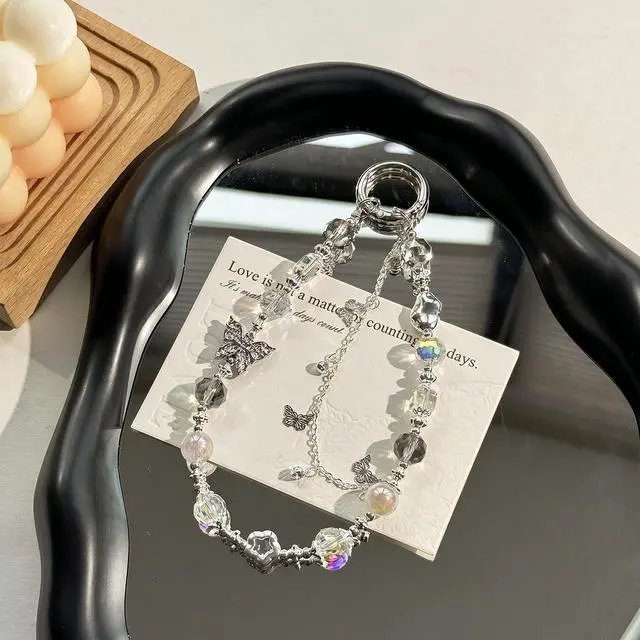 Alt view image 5 of 7 - Butterfly Phone Charm, Phone Charm Wrist Strap, Handmade Cellphone Chain Lanyard with Tab, Butterfly Keychain Wristlet Camera Pendants Decor