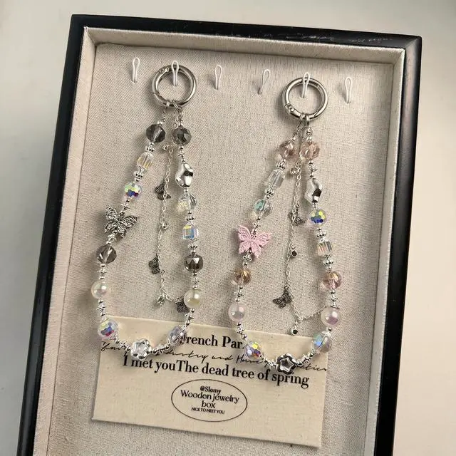 Alt view image 7 of 7 - Butterfly Phone Charm, Phone Charm Wrist Strap, Handmade Cellphone Chain Lanyard with Tab, Butterfly Keychain Wristlet Camera Pendants Decor