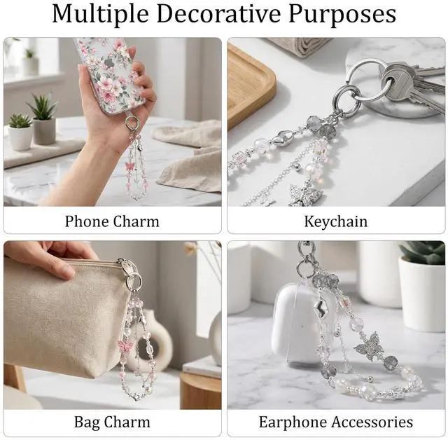 Alt view image 4 of 7 - Butterfly Phone Charm, Phone Charm Wrist Strap, Handmade Cellphone Chain Lanyard with Tab, Butterfly Keychain Wristlet Camera Pendants Decor