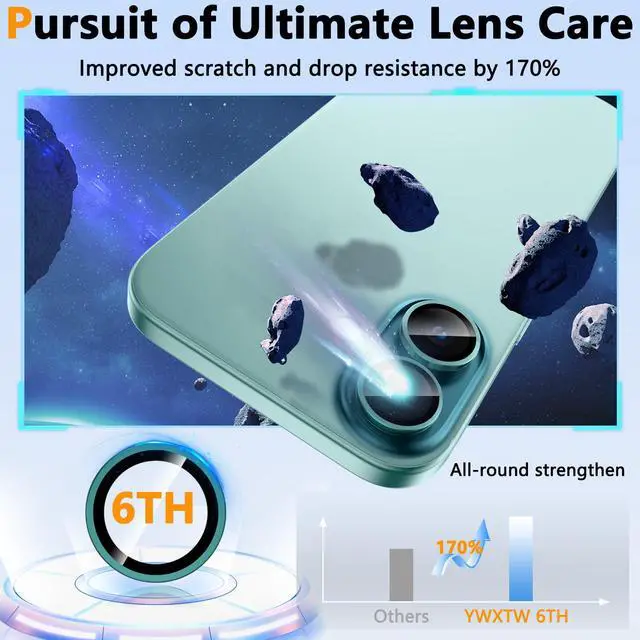 Alt view image 3 of 6 - for iPhone 16 Plus/iPhone 16 Camera Lens Protector, Individual Anti Scratch Metal Ring Tempered Glass Camera Screen Protector for iPhone 16 Accessories, Case Friendly (Teal)