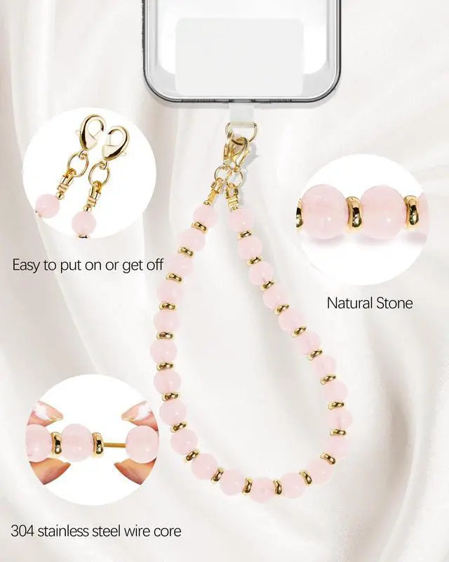 Alt view image 5 of 7 - Lostars Handmade Gemstone Beaded Phone Wrist Strap with Tether Tab Detachable Hands-Free Bracelet for iPhone & Samsung (Rose Quartz)