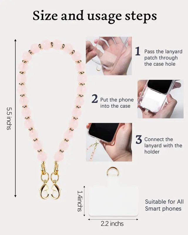 Alt view image 7 of 7 - Lostars Handmade Gemstone Beaded Phone Wrist Strap with Tether Tab Detachable Hands-Free Bracelet for iPhone & Samsung (Rose Quartz)