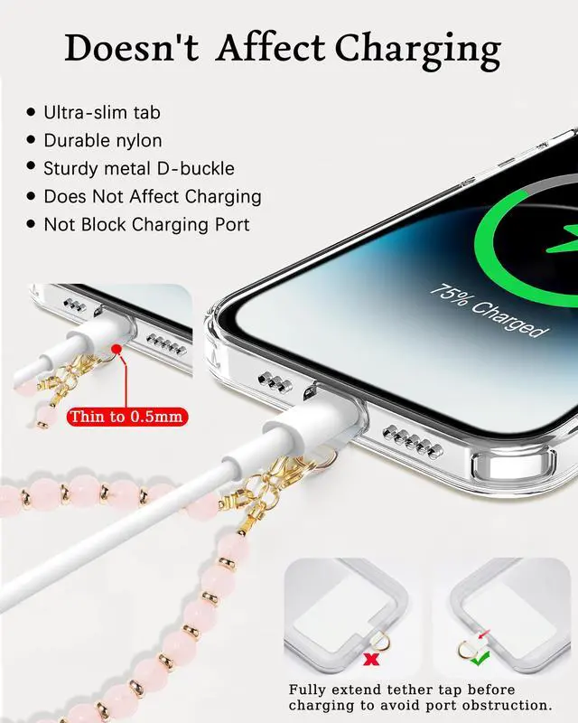 Alt view image 6 of 7 - Lostars Handmade Gemstone Beaded Phone Wrist Strap with Tether Tab Detachable Hands-Free Bracelet for iPhone & Samsung (Rose Quartz)