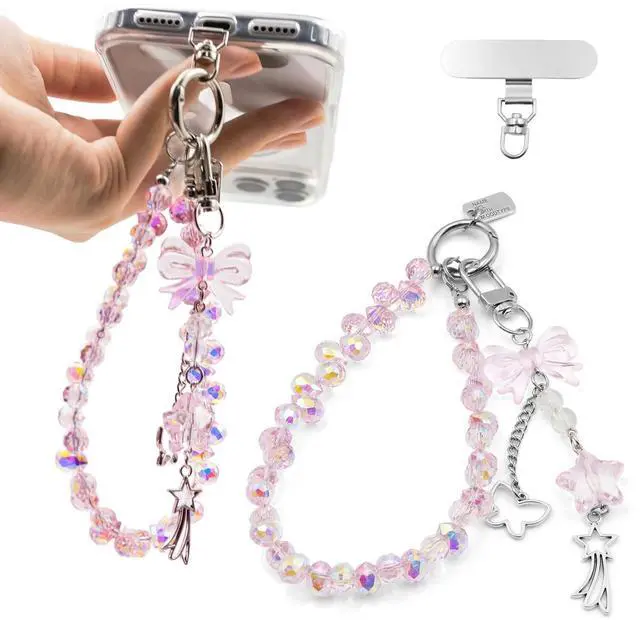 Main image of Crystal Beaded Phone Wrist Strap, Cute Cellphone Lanyard Chain, Bow Keychain Wristlet Bag Charms for Women (Pink)