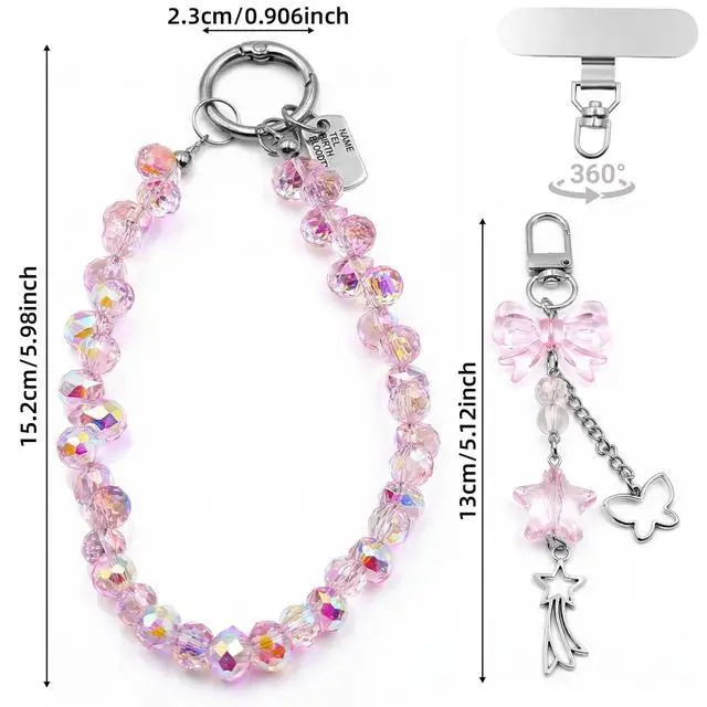 Alt view image 2 of 7 - Crystal Beaded Phone Wrist Strap, Cute Cellphone Lanyard Chain, Bow Keychain Wristlet Bag Charms for Women (Pink)