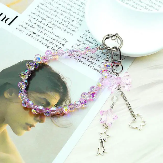 Alt view image 5 of 7 - Crystal Beaded Phone Wrist Strap, Cute Cellphone Lanyard Chain, Bow Keychain Wristlet Bag Charms for Women (Pink)