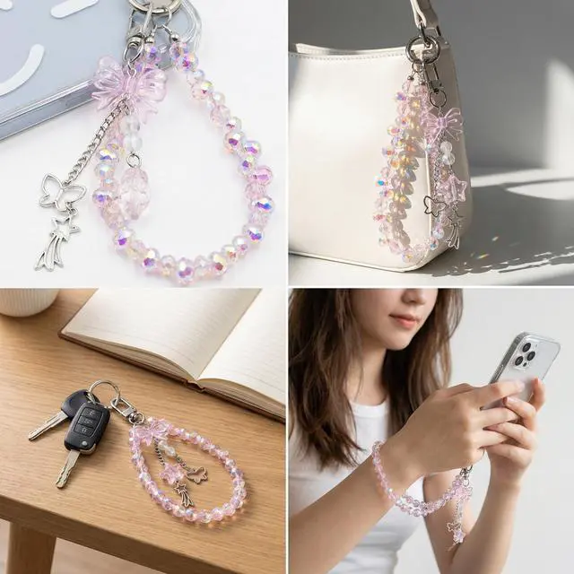 Alt view image 7 of 7 - Crystal Beaded Phone Wrist Strap, Cute Cellphone Lanyard Chain, Bow Keychain Wristlet Bag Charms for Women (Pink)