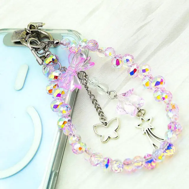 Alt view image 6 of 7 - Crystal Beaded Phone Wrist Strap, Cute Cellphone Lanyard Chain, Bow Keychain Wristlet Bag Charms for Women (Pink)