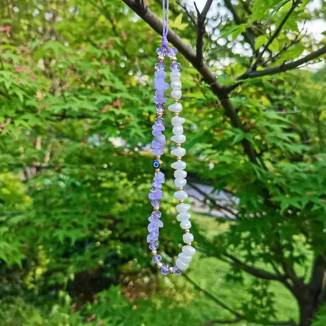 Alt view image 2 of 7 - Purple Phone Charm Amethyst Evil Eye Pearl Beaded Healing Crystal Cell Accessories Keychain Chain Case Wrist Lanyard String Bracelet Strap Wristlet