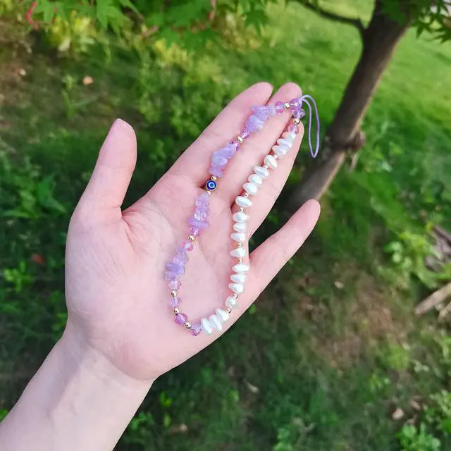 Alt view image 3 of 7 - Purple Phone Charm Amethyst Evil Eye Pearl Beaded Healing Crystal Cell Accessories Keychain Chain Case Wrist Lanyard String Bracelet Strap Wristlet
