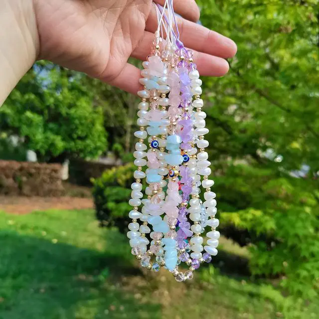 Alt view image 5 of 7 - Purple Phone Charm Amethyst Evil Eye Pearl Beaded Healing Crystal Cell Accessories Keychain Chain Case Wrist Lanyard String Bracelet Strap Wristlet