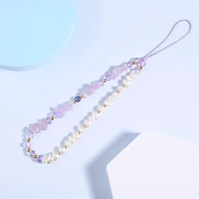 Alt view image 7 of 7 - Purple Phone Charm Amethyst Evil Eye Pearl Beaded Healing Crystal Cell Accessories Keychain Chain Case Wrist Lanyard String Bracelet Strap Wristlet