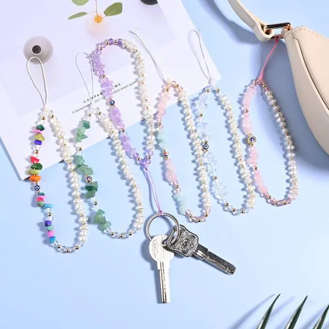 Alt view image 6 of 7 - Purple Phone Charm Amethyst Evil Eye Pearl Beaded Healing Crystal Cell Accessories Keychain Chain Case Wrist Lanyard String Bracelet Strap Wristlet