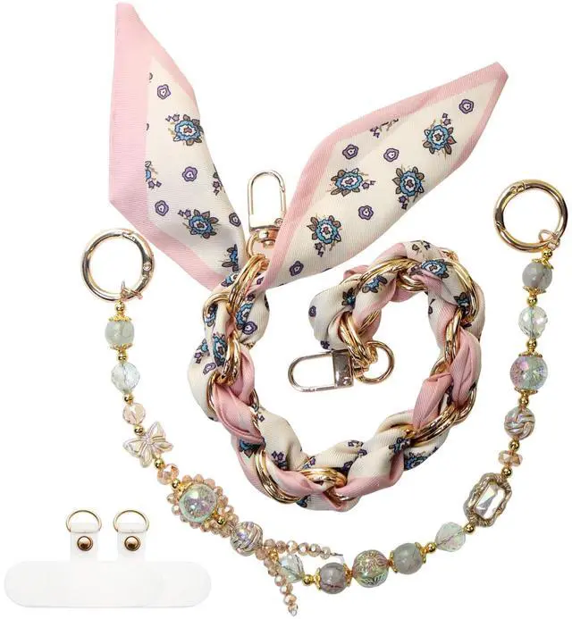 Main image of Cute Beaded Phone Charms Wrist Strap,Gold Metal Scraf Purse Bag Charm Chain