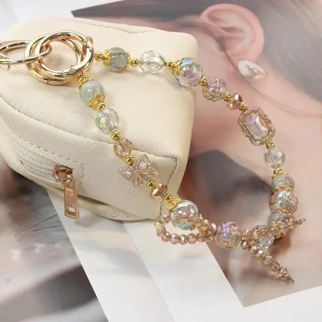 Alt view image 3 of 7 - Cute Beaded Phone Charms Wrist Strap,Gold Metal Scraf Purse Bag Charm Chain