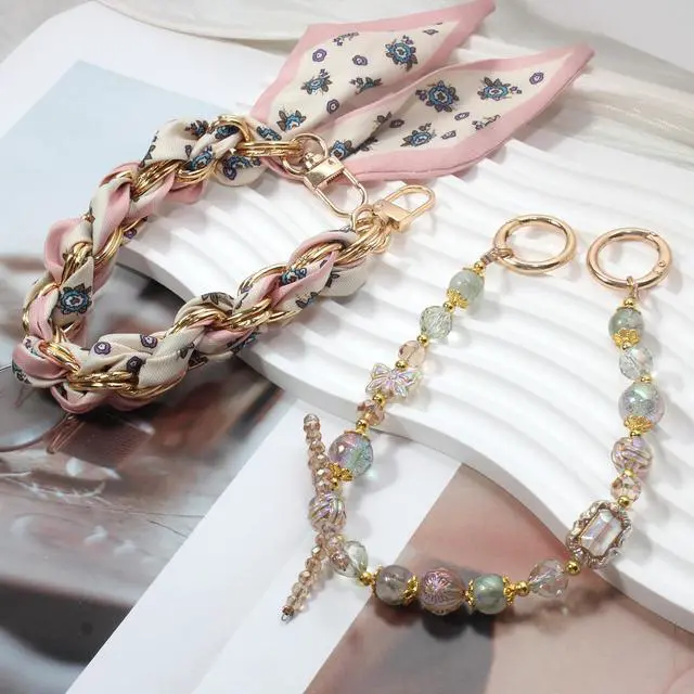 Alt view image 7 of 7 - Cute Beaded Phone Charms Wrist Strap,Gold Metal Scraf Purse Bag Charm Chain