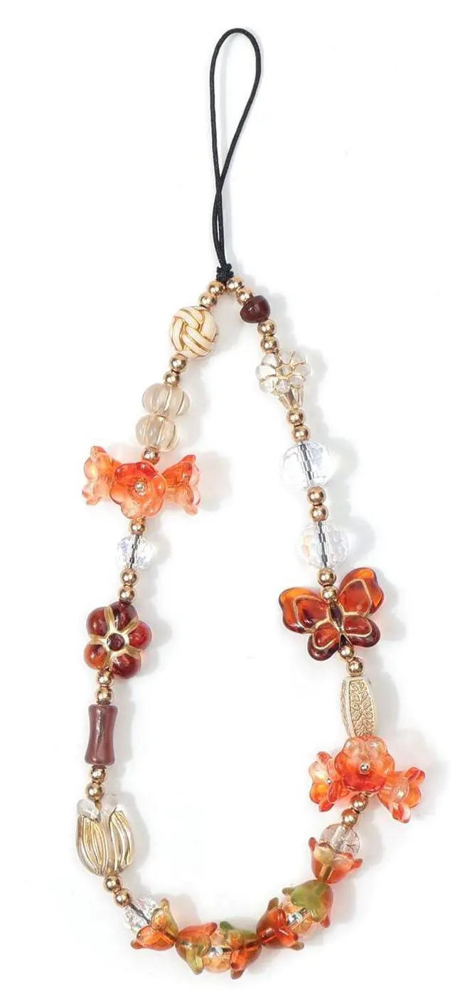 Main image of Phone Beaded Strap Cute Vintage Butterfly Flowers Artistic Chain Aesthetic Universal Cell Phone Lanyard Wrist Strap Accessories for Bag Airpods Camera Pendants Decor-Orange