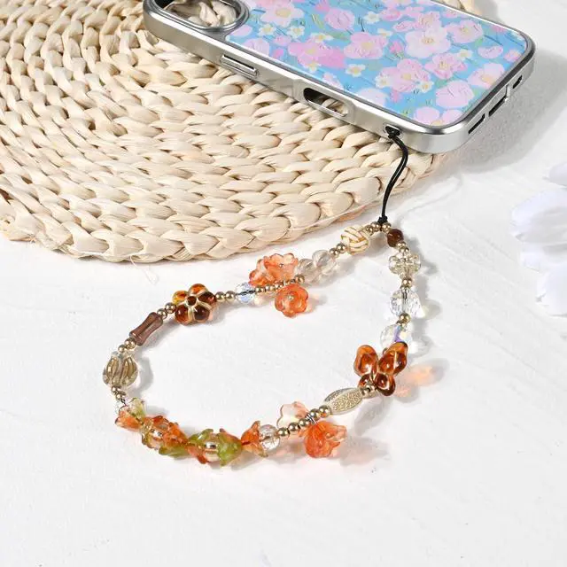 Alt view image 2 of 7 - Phone Beaded Strap Cute Vintage Butterfly Flowers Artistic Chain Aesthetic Universal Cell Phone Lanyard Wrist Strap Accessories for Bag Airpods Camera Pendants Decor-Orange