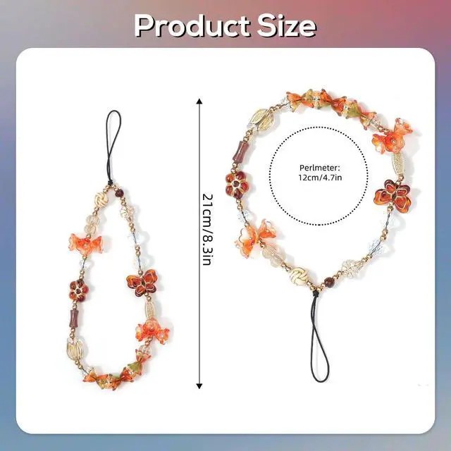 Alt view image 3 of 7 - Phone Beaded Strap Cute Vintage Butterfly Flowers Artistic Chain Aesthetic Universal Cell Phone Lanyard Wrist Strap Accessories for Bag Airpods Camera Pendants Decor-Orange