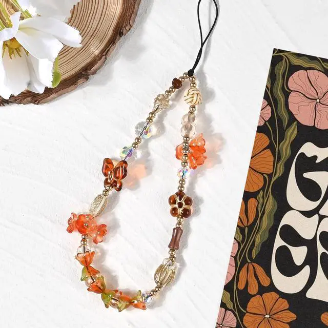 Alt view image 5 of 7 - Phone Beaded Strap Cute Vintage Butterfly Flowers Artistic Chain Aesthetic Universal Cell Phone Lanyard Wrist Strap Accessories for Bag Airpods Camera Pendants Decor-Orange