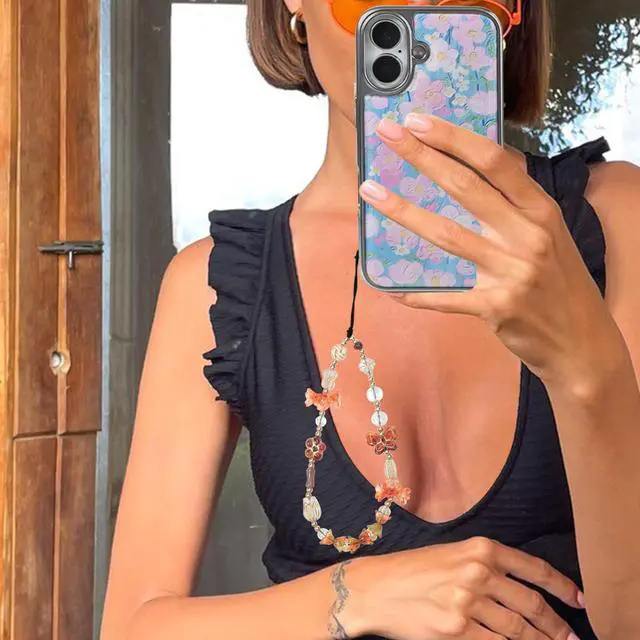 Alt view image 7 of 7 - Phone Beaded Strap Cute Vintage Butterfly Flowers Artistic Chain Aesthetic Universal Cell Phone Lanyard Wrist Strap Accessories for Bag Airpods Camera Pendants Decor-Orange
